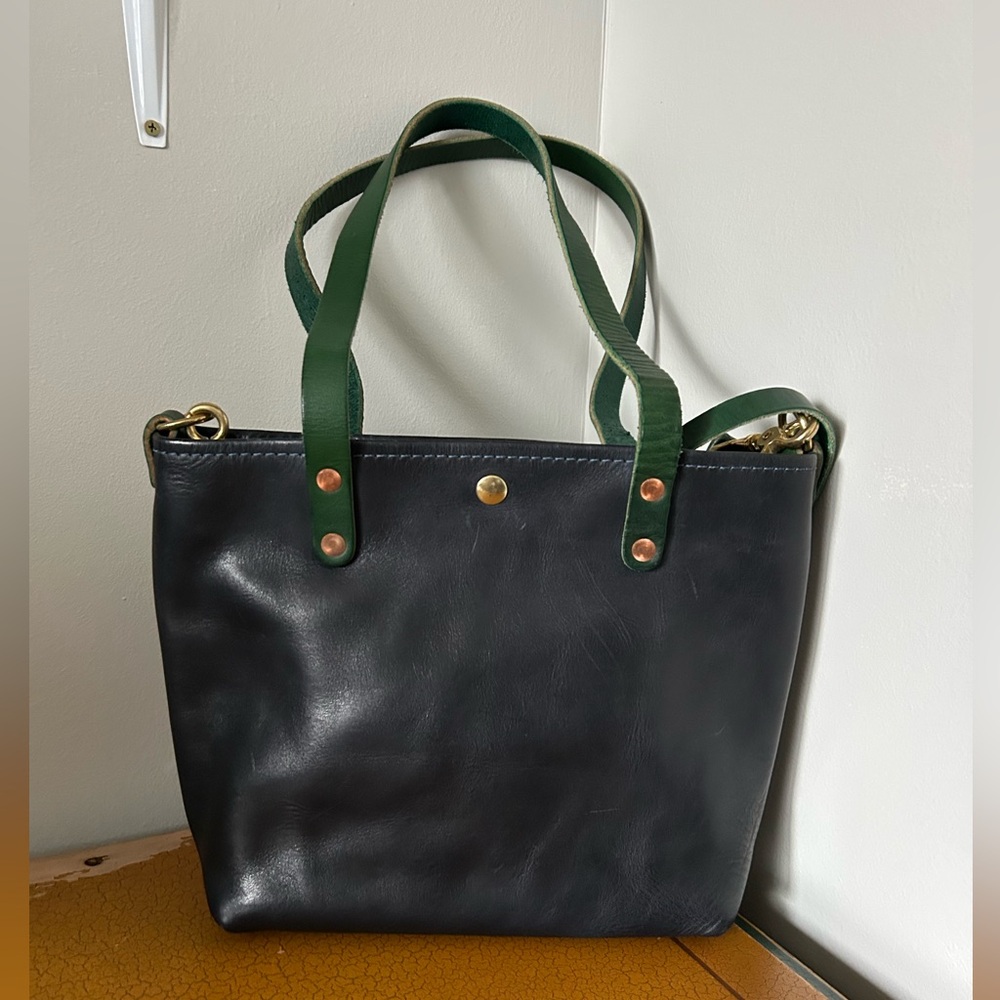Black Leather Tote with Green Strap - Classic Everyday Bag - Picture 2 of 7